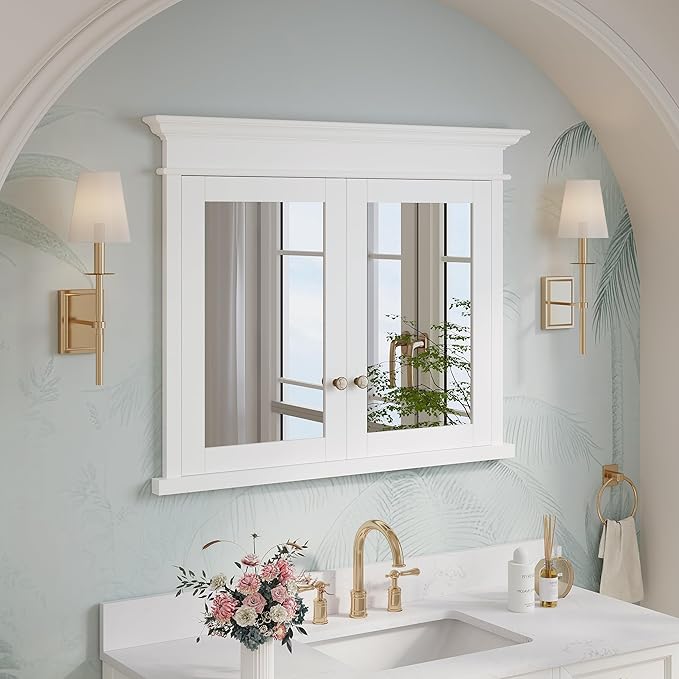 WELLFOR40 x 32" Bathroom Medicine Cabinet with 3-Tier Adjustable Shelves, Recessed Solid Wood Medicine Cabinet with Mirrors, Wood Miiror Cabinet with 2 Soft-Close Door and Open/Built-in 6 Shelves