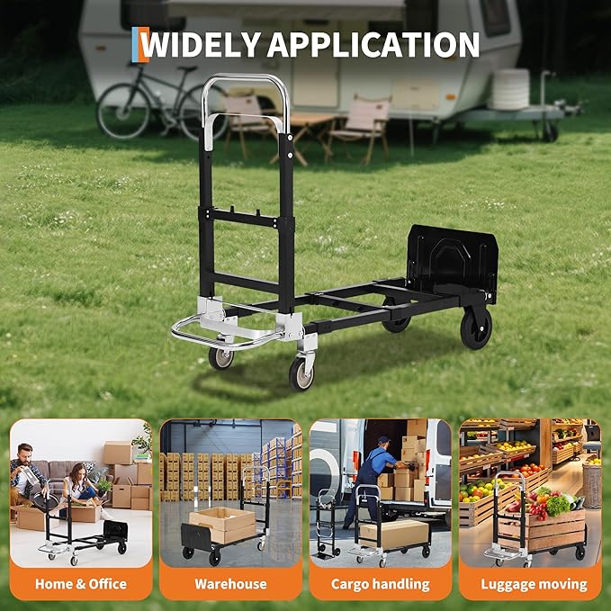 GarveeTech 2 in 1 Convertible Hand Truck Dolly, 660 LBS Load Capacity Folding Cart with Wheels, Elastic Straps, Carbon Steel Collapsible Dolly Cart for Home, Warehouse, Supermarket, Office