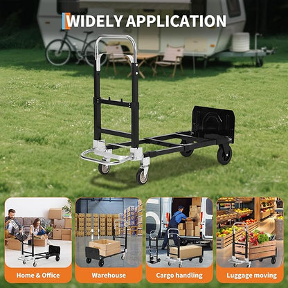GarveeTech 2 in 1 Convertible Hand Truck Dolly, 660 LBS Load Capacity Folding Cart with Wheels, Elastic Straps, Carbon Steel Collapsible Dolly Cart for Home, Warehouse, Supermarket, Office