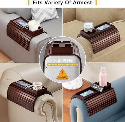 Bestjing Bamboo Couch Armrest Table, Sofa Arm Tray with Detachable Couch Cup Holder- 2 in 1 Anti-Slip Foldable Sofa Armchair Caddy Table for Drinks Cellphone TV Remote Snacks (Walnut)