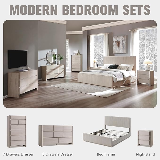 Modern 7 Drawers Dresser for Bedroom, 54.7" Tall Large Dresser & Chests of Drawers w/Rounded Corner, Wood Handleless Organizer Dresser w/Natural Texture for Bedroom, Living Room-Cream