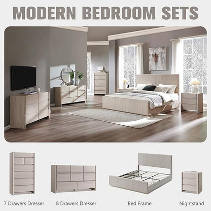 Modern 7 Drawers Dresser for Bedroom, 54.7" Tall Large Dresser & Chests of Drawers w/Rounded Corner, Wood Handleless Organizer Dresser w/Natural Texture for Bedroom, Living Room-Cream