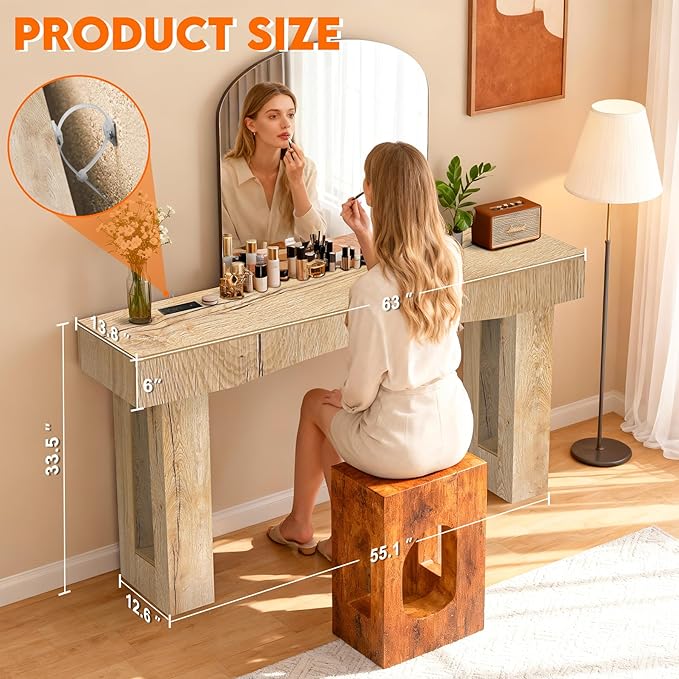 63 Inch Long Entryway Table Hollow, Wooden Console Table with Socket Farmhouse Sofa Table for Entrance, Hallway, Living Room,Behind Couch(Natural Brown)