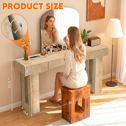 63 Inch Long Entryway Table Hollow, Wooden Console Table with Socket Farmhouse Sofa Table for Entrance, Hallway, Living Room,Behind Couch(Natural Brown)