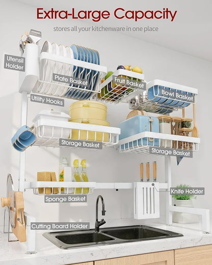 Sakugi Dish Drying Rack - Over The Sink Dish Drainer Drying Rack with Utensil & Knife Holder, Hooks, Stainless Steel Kitchen Organizers and Storage Solution, 11.8" D x 31.5"~39.0''W x 30" H, White