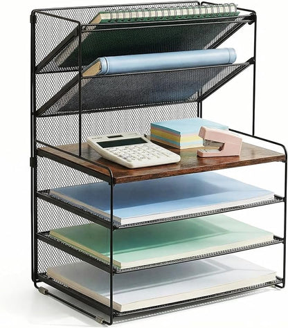 OPNICE 6-Tier Letter Tray Paper Organizer, Desk Organizers and Accessories, Desktop File Organizer, Office Desk Accessories for Office Supplies (Wood Brown)