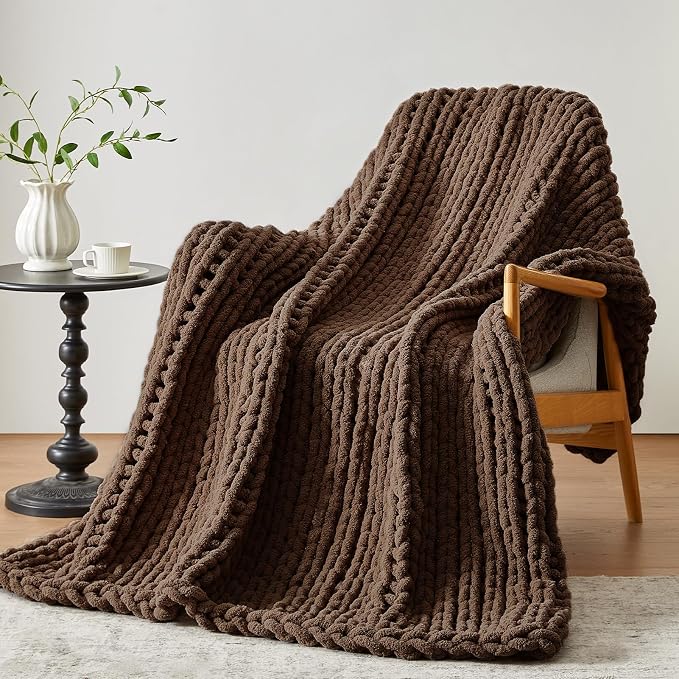 Negwoo Chunky Knit Throw Blanket, 80''*90'' Knitted Throw Chenille Yarn for Bed Couch, Handmade Dark Brown Crochet Big Thick Blanket, Machine Washable Cute Comfy Blanket for Home Decor