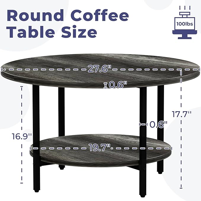 Coffee Table, 27.6“ Circle Coffee Tables for Living Room, 2 Tier Round Coffee Table with Storage, Wood Accent Center Floor Table for Bedroom, Industrial Home Office, Elegant Gray