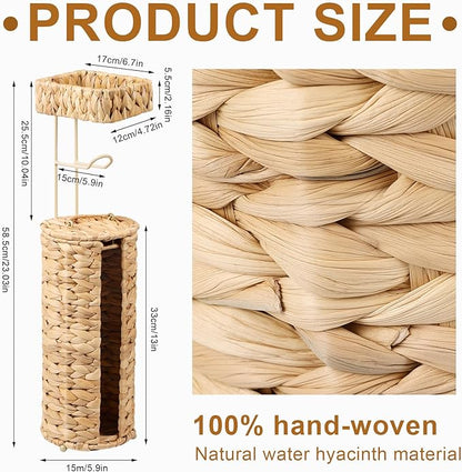 Free Standing Toilet Paper Holder, Rattan Wicker Toilet Paper Basket with Storage, Water Hyacinth Decorative Tissue Roll Storage Holder with Lid for Bathroom