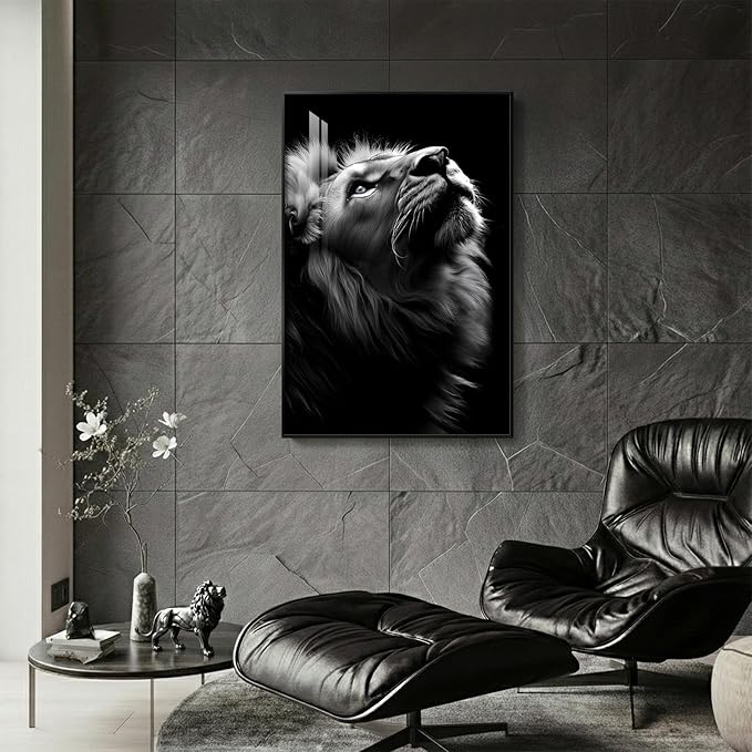 Framed Black and Gray Modern Wall Art, Contemporary Animal Portrait Prints Paintings Artwork for Walls, Minimalist Masculine Lion Pictures for Living Room Dining Bedroom Hallway Wall Decor 24x36 In