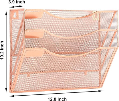 EASEPRES 3 Pocket Mesh Hanging Wall File Organizer, Wall Mounted Mail Paper Document Folder Holder, Clipboard Storage Organization Magazine Rack with Nametag Label for Office Home School, Rose Gold