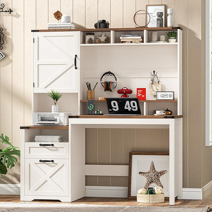 Vabches 51" Executive Desk Farmhouse Home Office Desk with Charging Station, File Drawer, Storage Cabinet, Monitor Stand, Wood Computer Desk with Hutch for Work Study Writing (White)