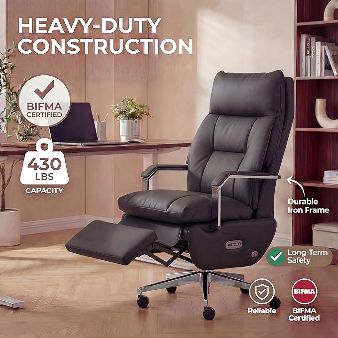 Dual Motor Executive Home Reclining Office Chair with Footrest - One-Click Electric Recline with Massage & Pillow Support Big and Tall PU Leather Ergonomic Desk Chair, High Back Wide Seat (Black)