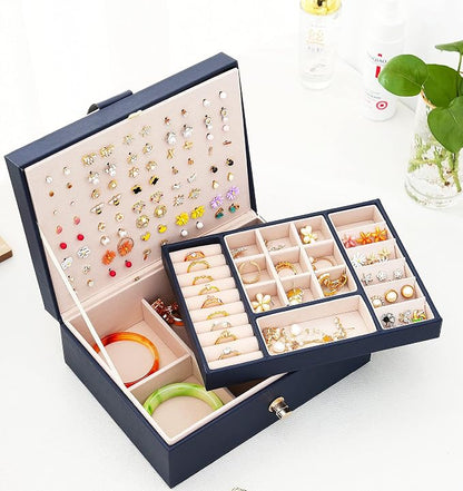 QBestry Womens Earring Jewelry Box for Girls Jewelry Earrings Organizer Box Earring Holder Organizer for Girls Jewelry Organizer Boxes for Women Girls Stud Earrings Organizers Jewelry Box Navy