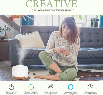 ASAKUKI Smart Wi-Fi Essential Oil Diffuser, App and Voice Control Compatible with Alexa, 500ml Aromatherapy Humidifier for Relaxing Atmosphere in Home Office Bedroom (Light Brown)