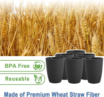 Wheat Straw Cups Sets of 6, Plastic Cups Reusable, Drinking Cup for Kitchen, Small Kids Cup, Unbreakable Water Cup, Dishwasher Safe Plastic Glasses for Kitchen, Camping, School (Black)