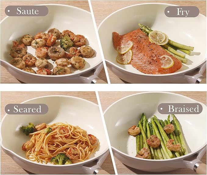CAROTE Ceramic Nonstick Frying Pan Skillet with Lid, 10" Deep Frying Pan, 4 QT Saute Pan wilt Lid, Non Stick Chef's Pan, Non-toxic Healthy, PFOA/PFAS Free, Induction-Compatible, Taupe