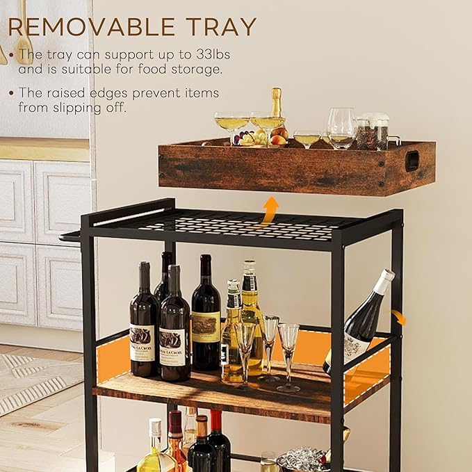 3 Tier Kitchen Cart, Rolling Bar Cart for Tea, Coffee, Liquor, and Drink Service with Removable Serving Detachable Server, Rustic Brown and Black