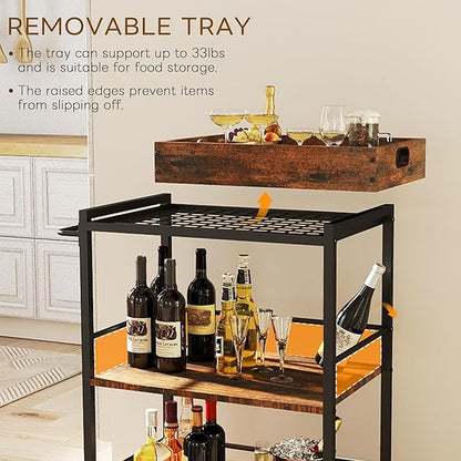 3 Tier Kitchen Cart, Rolling Bar Cart for Tea, Coffee, Liquor, and Drink Service with Removable Serving Detachable Server, Rustic Brown and Black