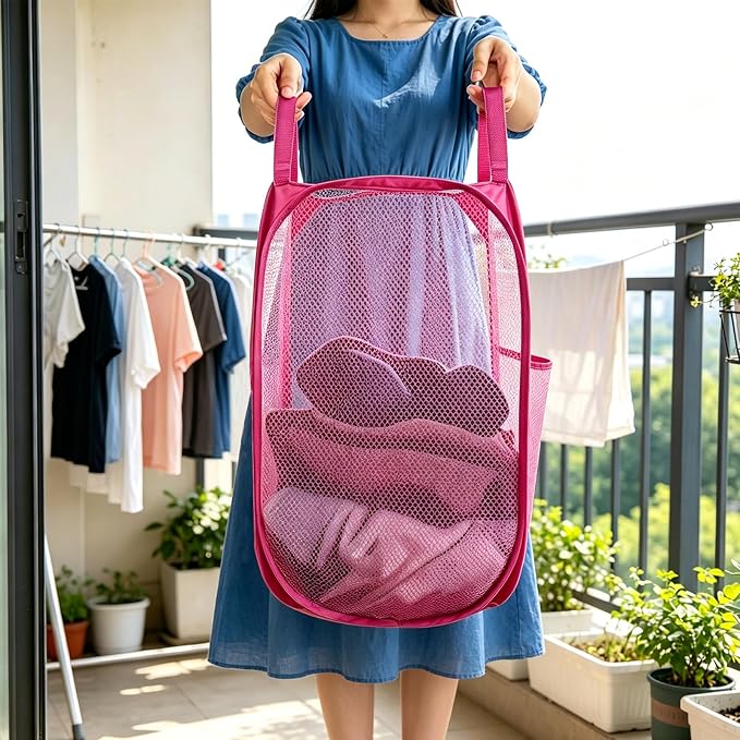 Larpur Popup Laundry Basket, Collapsible Portable Mesh Clothes Washing Laundry Hamper with Reinforced Carry Handles (Pink)