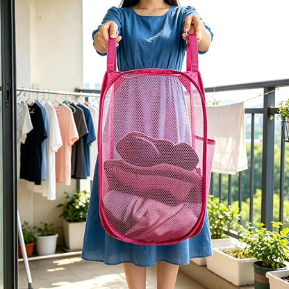 Larpur Popup Laundry Basket, Collapsible Portable Mesh Clothes Washing Laundry Hamper with Reinforced Carry Handles (Pink)