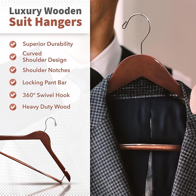 DEILSY™ Suit Hangers for Men with Open Bar 10 Pack Premium Brown Wooden Coat Hangers Pants Durable Suit for Closet Organization - Jacket Hanger Wood Clothes (10)