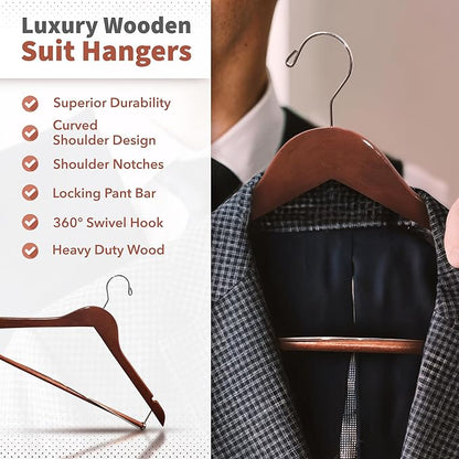 DEILSY™ Suit Hangers for Men with Open Bar 10 Pack Premium Brown Wooden Coat Hangers Pants Durable Suit for Closet Organization - Jacket Hanger Wood Clothes (10)