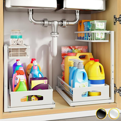 Under Sink Organizer, 2 Pack Cabinet Organizer for Kitchen, Height Adjustable Pull Out Heavy Duty 2 Tier Metal Under Sink Storage for Bathroom Pantry (White, 2 Pack)