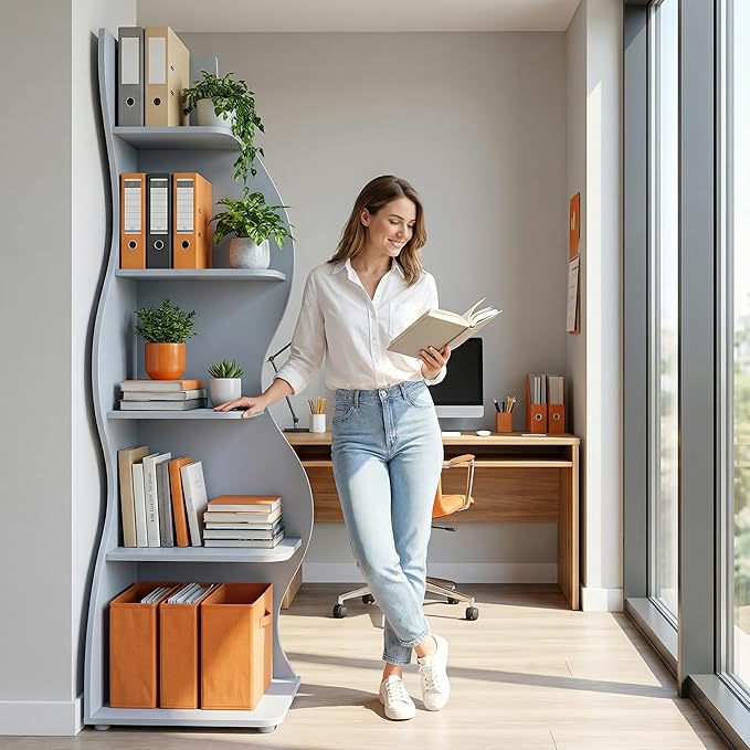 Arvolia 70 Inch Corner Shelf Stylish Design,Modern 5-Tier Wall Corner Bookshelf,Stylish Corner Small Bookcase Storage Rack Plant Stand with Unique Shape for Home Office (Blue)