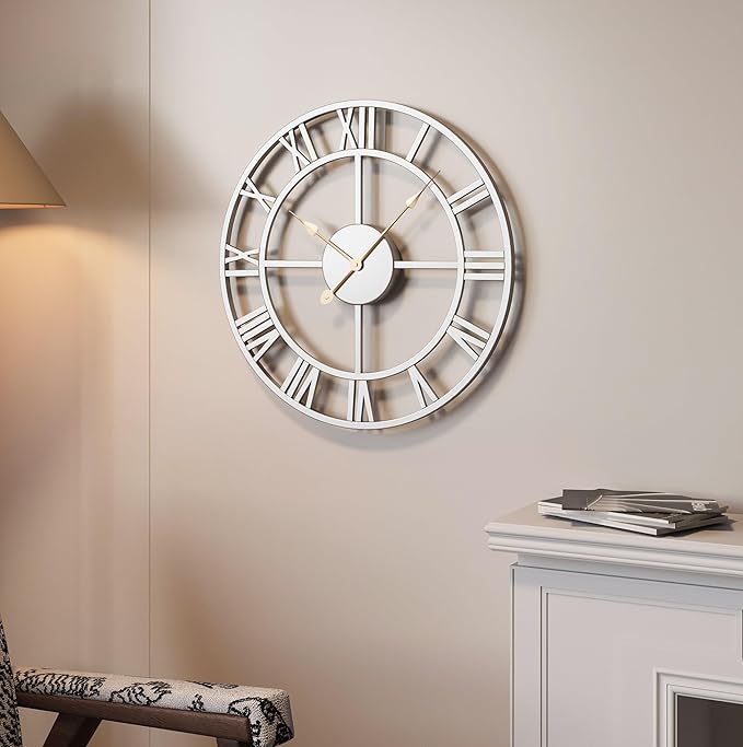 Cuspin 16 inch Wall Clock, Modern Decorative Clock Battery-Operated Silent Non Ticking, Silver Metal Round Clock Roman Numeral Analog for Living Room, Kitchen, Bedroom, Office, Home Decor