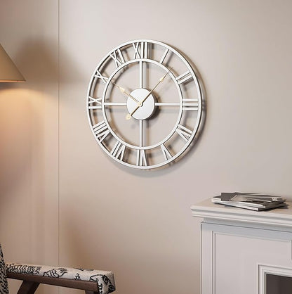 Cuspin 16 inch Wall Clock, Modern Decorative Clock Battery-Operated Silent Non Ticking, Silver Metal Round Clock Roman Numeral Analog for Living Room, Kitchen, Bedroom, Office, Home Decor