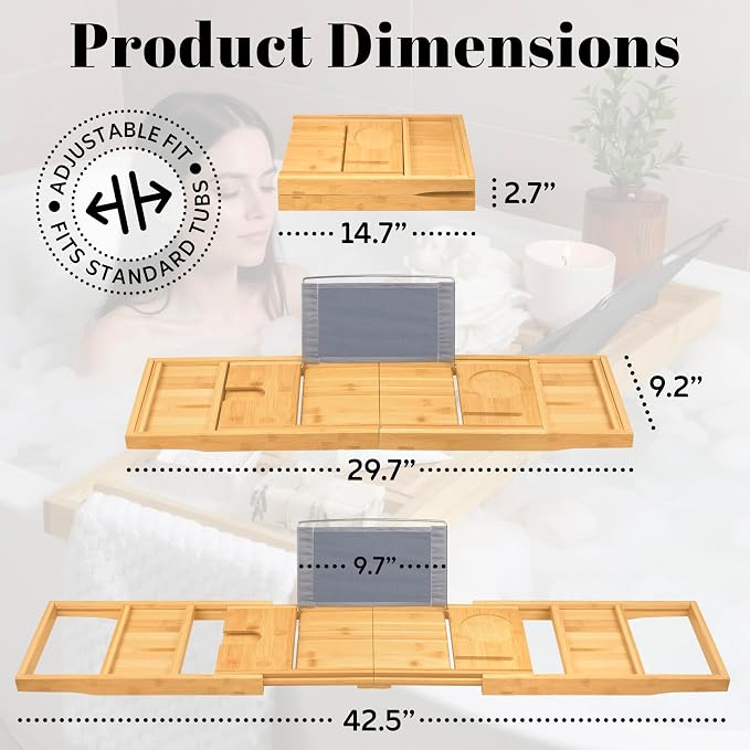 Home It Premium Foldable Bathtub Tray - Bamboo Waterproof Bath Tray for tub Caddy - Wooden Holder for Wine, Book, Soap, Phone, Luxury Gift for Men & Women - Expandable, Fits Most Tubs in Bathroom