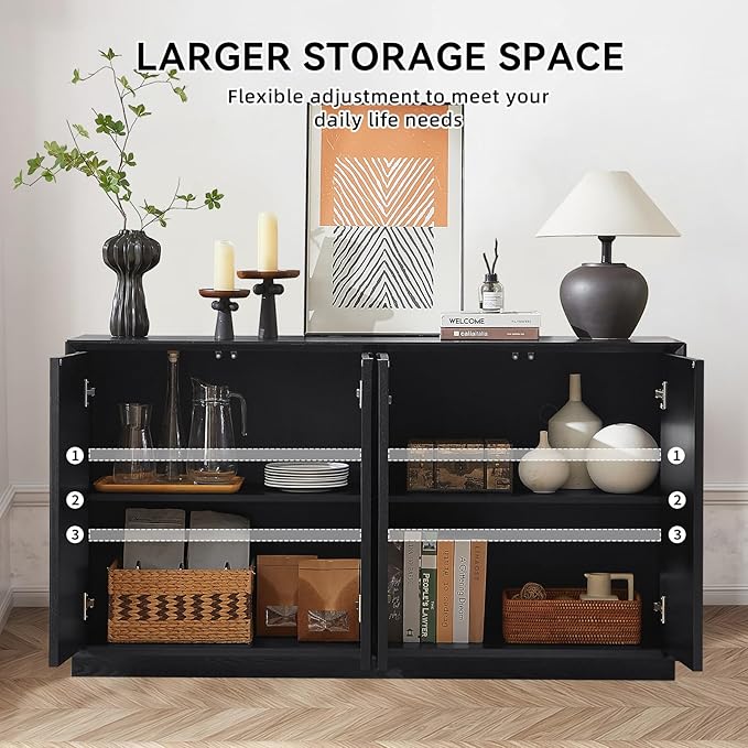 Sideboard Buffet Cabinet, Accent Storage Cabinet with 4 Doors and Adjustable Shelf, Farmhouse Mid Century Modern Buffet Sideboard for Living Room, Kitchen, Entry (Black)