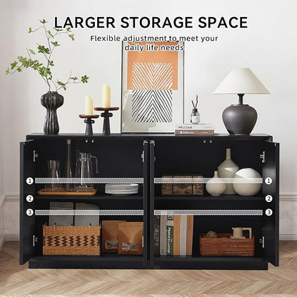 Sideboard Buffet Cabinet, Accent Storage Cabinet with 4 Doors and Adjustable Shelf, Farmhouse Mid Century Modern Buffet Sideboard for Living Room, Kitchen, Entry (Black)