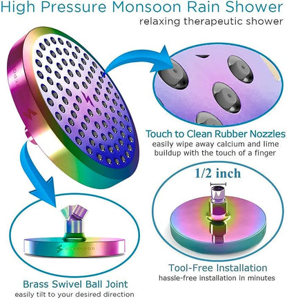 SparkPod Rain Shower Head, 6 Inch Round | High Pressure Shower Heads, 90 Nozzle (Touch-to-Clean), Adjustable Showerhead, No-tool Universal Connection