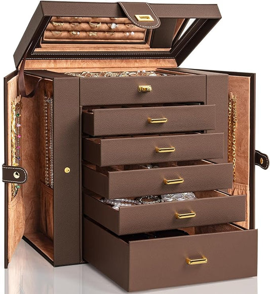 AKOZLIN 6-Tier Jewelry Box Organizer Functional 5 Drawers Leather Jewelry Storage Case for Women Girls Ring Necklace Earring Bracelet Holder Organizer with Mirror Extra Large Brown