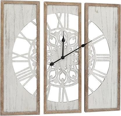 RiteSune Unique 30" Wall Clock for Living Room Decor, Oversized Farmhouse Wall Clock Battery Operated, Triptych Panel Wooden Large Clock Wall Art for Bedroom Entryway