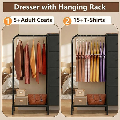 Dresser with Hanging Rack & CFR Certification, Reversible Black Dresser for Bedroom, Kids Chest of Fabric Drawers with Clothes Rack, Small Closet Organizer with Drawers, 44''H