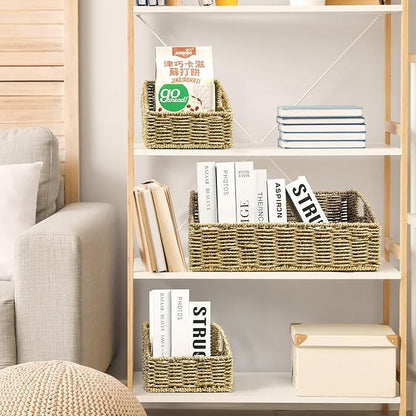 Ollieroo Rattan Storage Baskets, Handwoven Wicker Storage Bins with Built-in Handles, Storage Container Baskets for Shelves, Bedroom, Bathroom, Laundry Room or Kitchen(Green)
