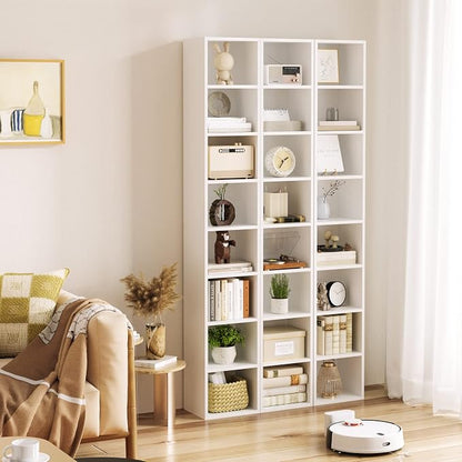 FOTOSOK White Bookshelf 8-Tier Narrow Bookshelf, 11.6 X 9.3 X 70.9 Tall CD DVD Media Tower Rack with 4 Adjustable Shelves, Tall Narrow Bookcase Slim Display Bookshelf with Cube Storage for Home Office