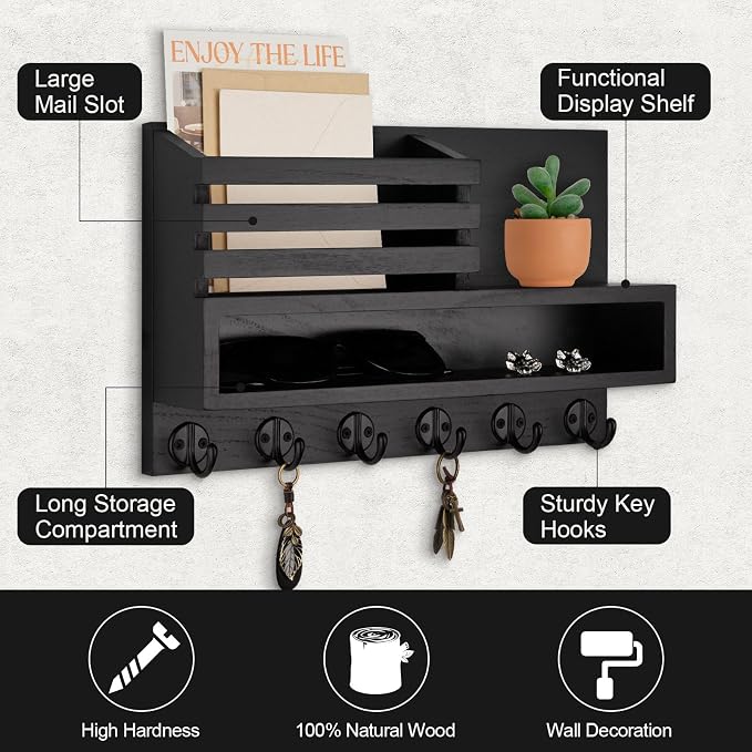 Key and Mail Holder Wall Mount, Key Hanger with Long Storage Box and Key Hooks for Coat, Dog Leash, Home Decor Rack, House Accessories, Entry Way Organizer