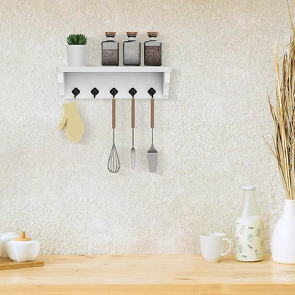 Nekon Key Holder for Wall, 11.8" W x 3.5" H x 2.8" D Decorative Key Organizer with Floating Shelf, Wall Mount Key Rack with 5 Hooks (Rustic White)