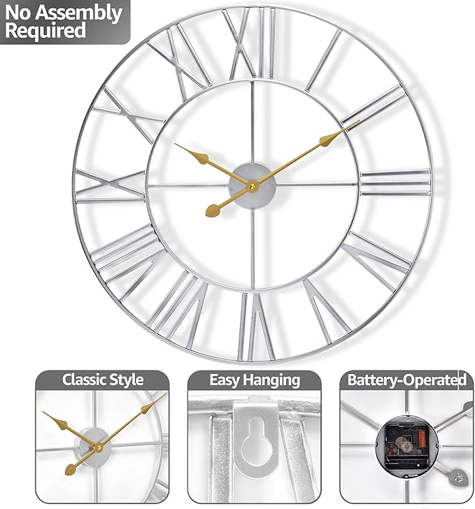 Sorbus Large Wall Clock for Living Room Decor - 16 inch Big Wall Clock Decorative - Battery Operated - Roman Numeral Analog Large Clock for Bedroom, Room, Home, Kitchen, Office, Wall Decor (Silver)