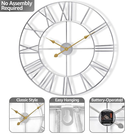 Sorbus Large Wall Clock for Living Room Decor - 24 inch Big Wall Clock Decorative - Battery Operated - Roman Numeral Analog Large Clock for Bedroom, Room, Home, Kitchen, Office, Wall Decor (Silver)