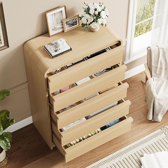 GarveeHome Arched 5 Drawer Dresser for Bedroom, 45in Tall Wooden 5 Chest of Drawers with Curved Profile Design, Modern Closet Storage Organizer for Living Room, Entryway, Nursery - Natural Oak