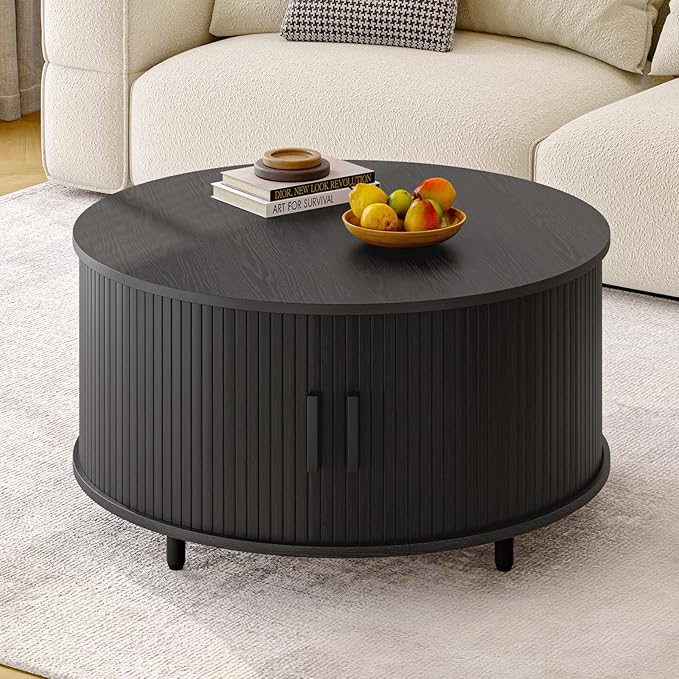 ONBRILL Round Coffee Table with Storage, 31.5" Modern Coffee Table with 360° Curved Sliding Door, Fluted Wood Accent Coffee Table with Adjustable Footpads, Round Center Table for Living Room, Black