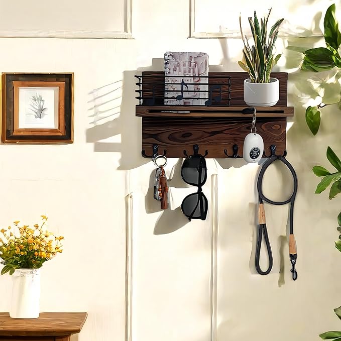Key Holder Wall Mount, Keys Holder on Wall with Shelf, Key and Mail Holder for Wall with 4 Double Hooks for Dog Leash, Sunglasses, Bags - Musical Note Design Entryway Hanger