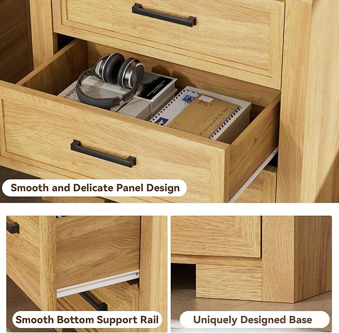 24" Wide Nightstand Set of 2, Night Stand with Charger Station, Bedside Table with 3 Drawers, Sofa Side Table for Bedroom, Living Room, Entryway, Natural Oak