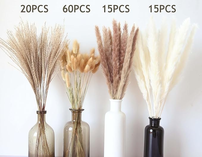 110 Stems Dried Pampas Grass, Boho Table Decor Natural Reed Phragmites Grass + Brown & White Pampas Grass + Bunny Tails Flowers Bouquet for Wedding Floral Arrangements Farmhouse Home Rustic Wall