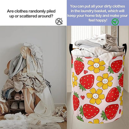 Groovy Strawberry Laundry Basket-Large Foldable Hamper Holder Portable Tall Collapsible Laundry Hamper Storage Basket Bin with Handles, Canvas & Waterproof lining for Household Items